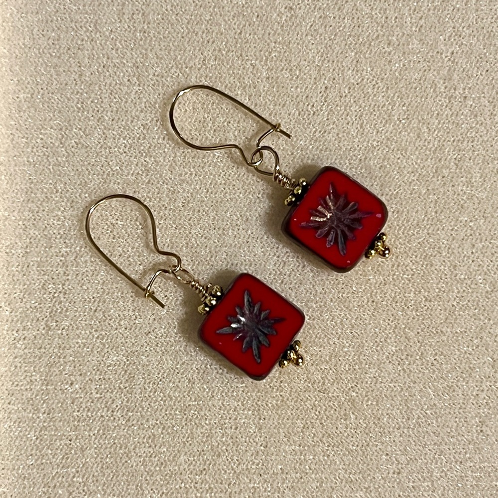 New Deep Red Czech Glass Flower Window Square With Bronze Wash Earrings